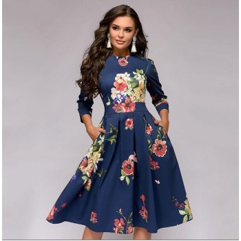 Retro long-sleeved dress floral print slim dress prom party evening multicolor elegant print dress